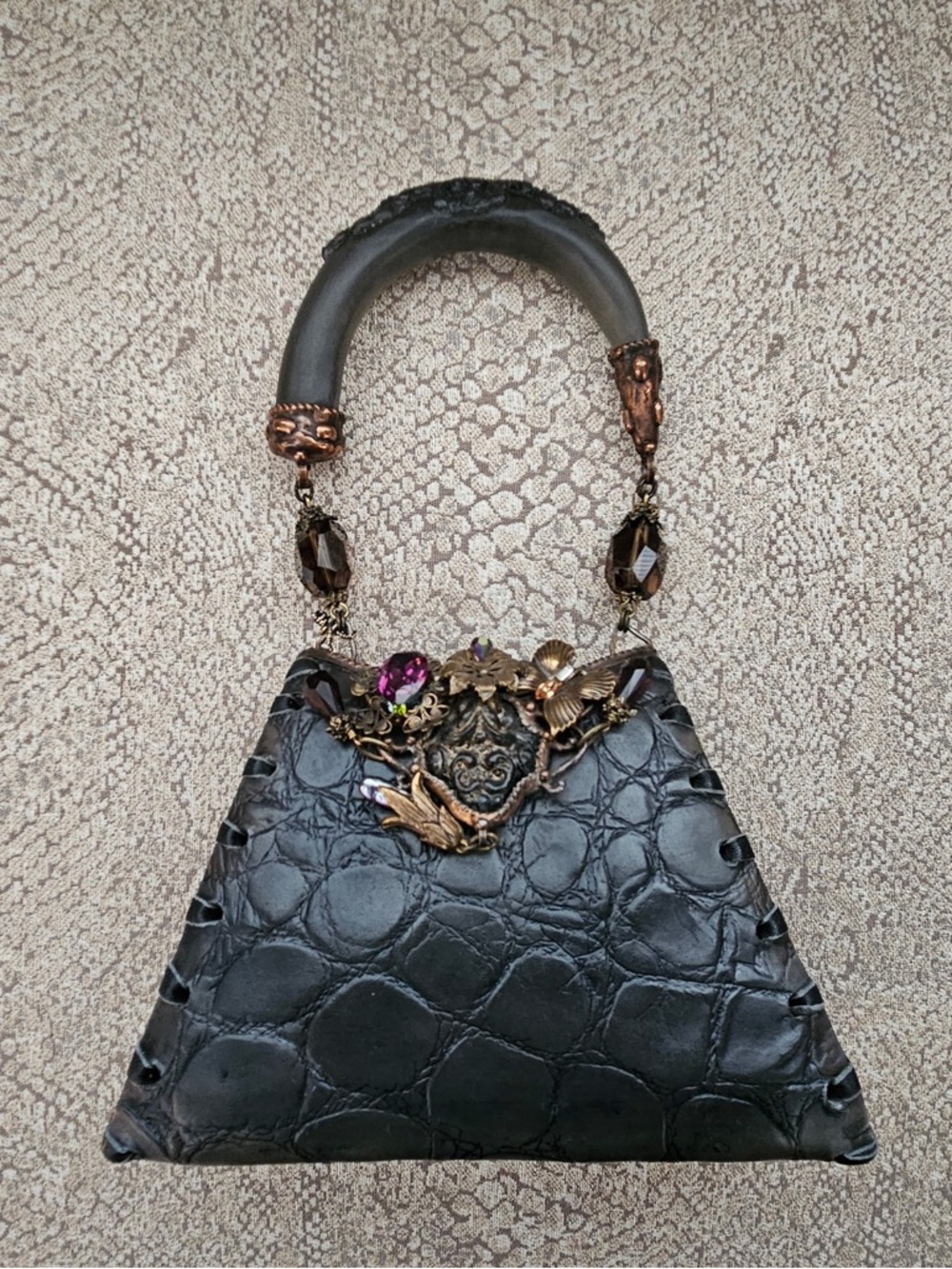 Maya Black Croc-Texture Mini Top-Handle Bag with Antique Gold Accents - Picture 1 of 3